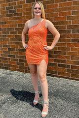 Blue Homecoming Dress Fringed One Shoulder Tight Sequin Short Prom Dress