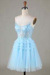 Blue Homecoming Dress Glitter Cute Prom Dress with Appliques