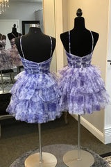 Blue Homecoming Dress Halter A Line Tiered Floral Printed Prom Dress