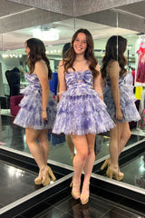 Blue Homecoming Dress Halter A Line Tiered Floral Printed Prom Dress