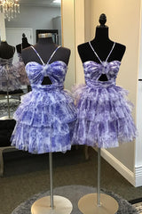 Blue Homecoming Dress Halter A Line Tiered Floral Printed Prom Dress