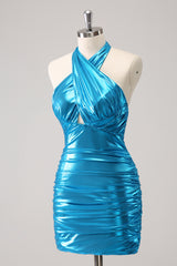 Blue Homecoming Dress Halter Backless Tight Short Prom Dress