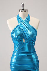 Blue Homecoming Dress Halter Backless Tight Short Prom Dress