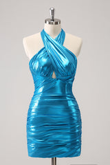 Blue Homecoming Dress Halter Backless Tight Short Prom Dress