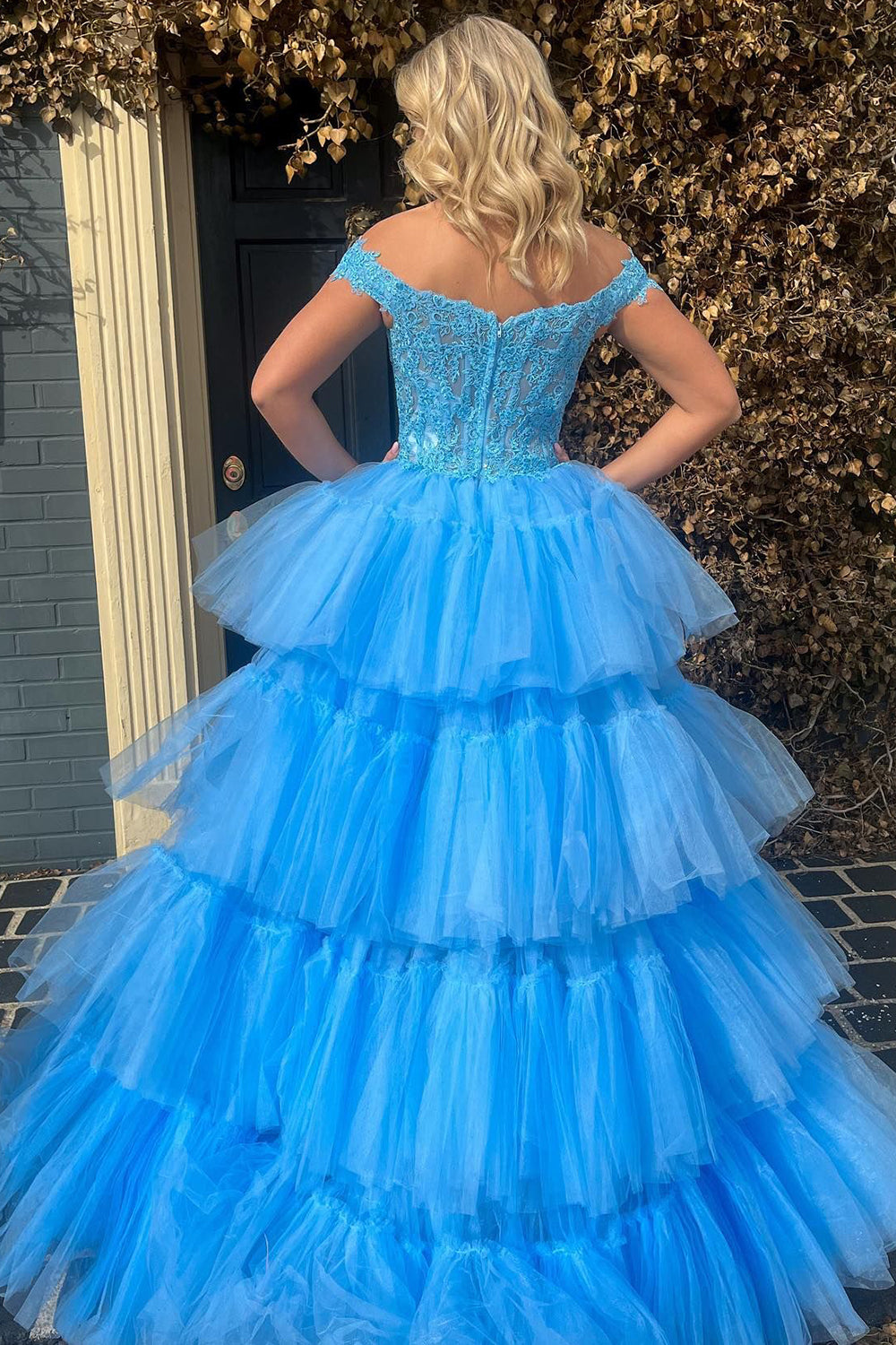 Blue Homecoming Dress High Low Prom Dress with Lace