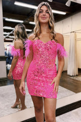 Blue Homecoming Dress Lace Sequined Tight Short Cocktail Dresses with Feathers