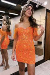 Blue Homecoming Dress Lace Sequined Tight Short Cocktail Dresses with Feathers