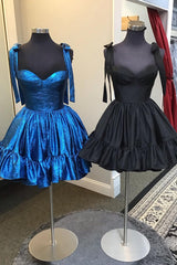 Blue Homecoming Dress Metallic Spaghetti Straps A Line Tiered Short Prom Dress