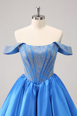 Blue Homecoming Dress Off The Shoulder Corset A Line Short Prom Dress