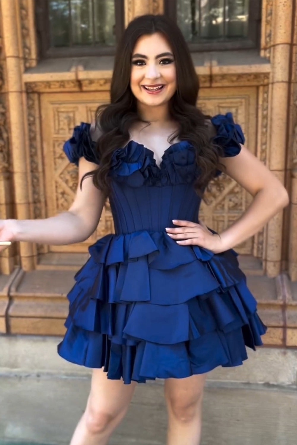 Blue Homecoming Dress Off The Shoulder Corset Short Prom Dress With Ruffles