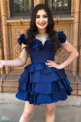 Blue Homecoming Dress Off The Shoulder Corset Short Prom Dress With Ruffles