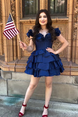 Blue Homecoming Dress Off The Shoulder Corset Short Prom Dress With Ruffles