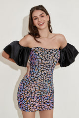 Blue Homecoming Dress Off the Shoulder Sequin Prom Dress with Puff Sleeves