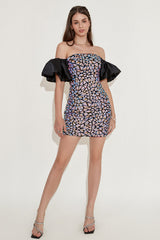 Blue Homecoming Dress Off the Shoulder Sequin Prom Dress with Puff Sleeves