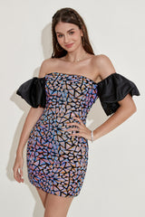 Blue Homecoming Dress Off the Shoulder Sequin Prom Dress with Puff Sleeves