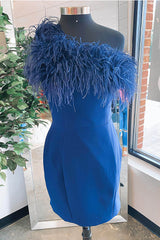 Blue Homecoming Dress Off the Shoulder Tight Short Prom Dress with Feathers