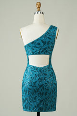 Blue Homecoming Dress One Shoulder Tight Prom Dress with Back Hollow-out
