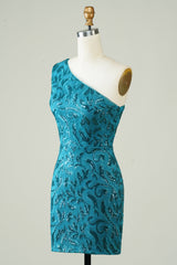 Blue Homecoming Dress One Shoulder Tight Prom Dress with Back Hollow-out