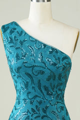 Blue Homecoming Dress One Shoulder Tight Prom Dress with Back Hollow-out