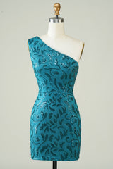 Blue Homecoming Dress One Shoulder Tight Prom Dress with Back Hollow-out