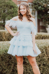 Blue Homecoming Dress Ruffled Short Cocktail Dresses With Feathers