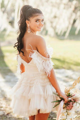 Blue Homecoming Dress Ruffled Short Prom Dress With Feathers