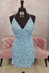 Blue Homecoming Dress Sequin Backless Tight Prom Dress