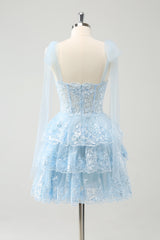 Blue Homecoming Dress Sequin Corset A Line Tiered Short Prom Dress