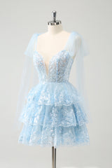 Blue Homecoming Dress Sequin Corset A Line Tiered Short Prom Dress