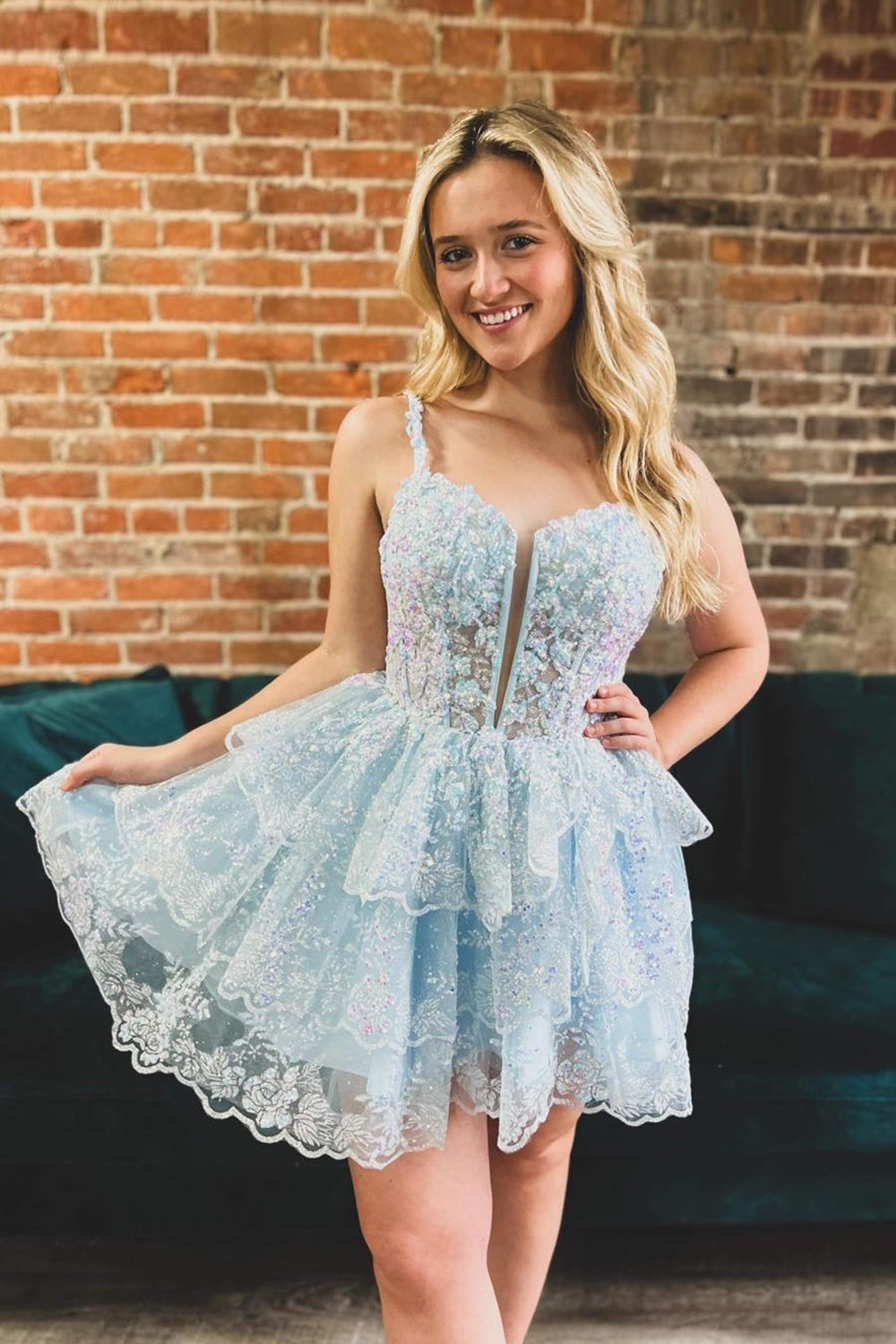 Blue Homecoming Dress Sequin Corset Short Cocktail Dresses With Ruffles