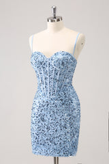 Blue Homecoming Dress Sequin Corset Tight Short Prom Dress