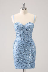 Blue Homecoming Dress Sequin Corset Tight Short Prom Dress