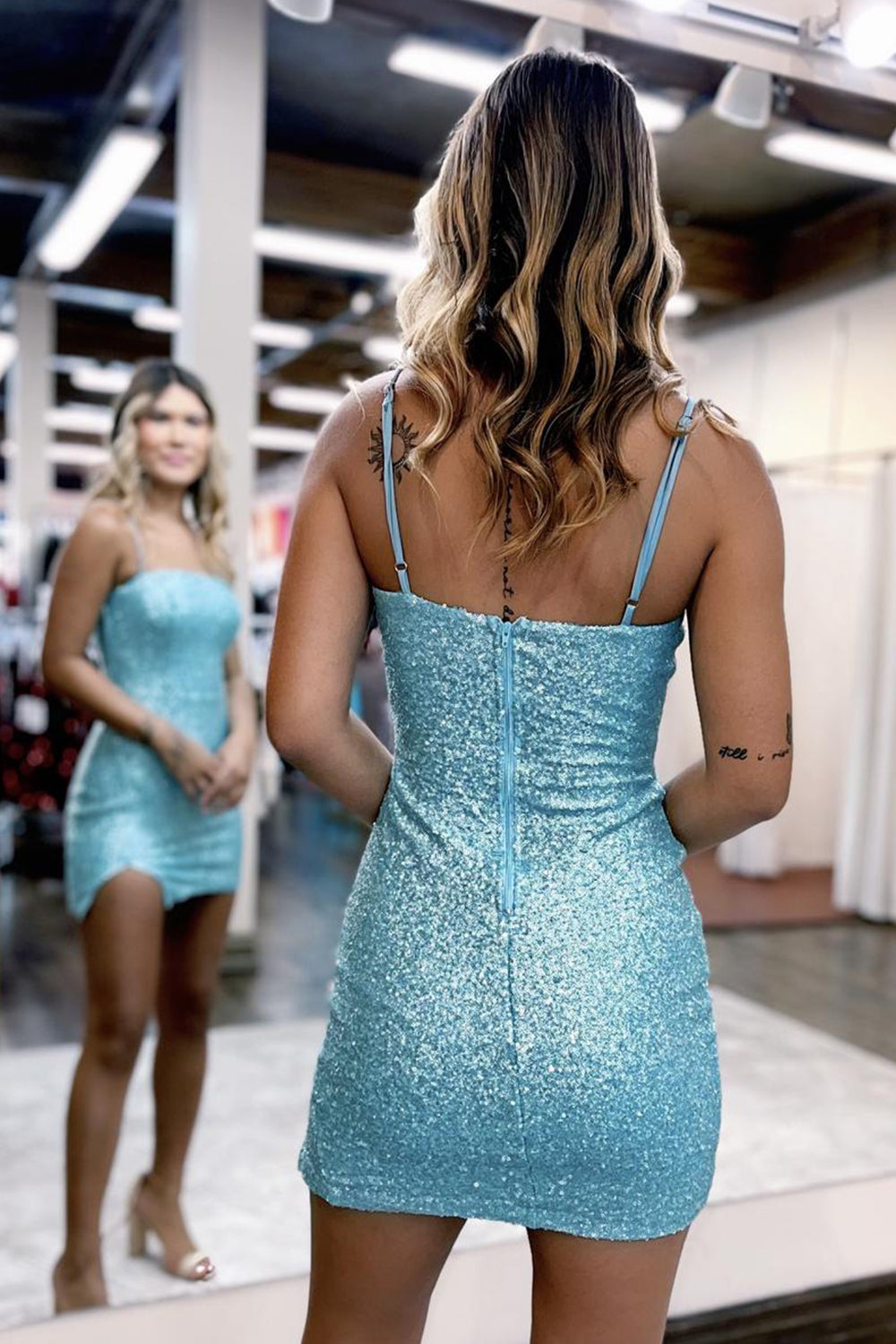 Blue Homecoming Dress Sequin Tight Short Cocktail Dresses with Slit