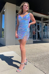Blue Homecoming Dress Sequin Tight Short Prom Dress with Fringes