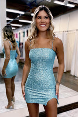 Blue Homecoming Dress Sequin Tight Short Prom Dress with Slit