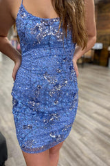 Blue Homecoming Dress Sequined Beaded Backless Tight Short Cocktail Dresses
