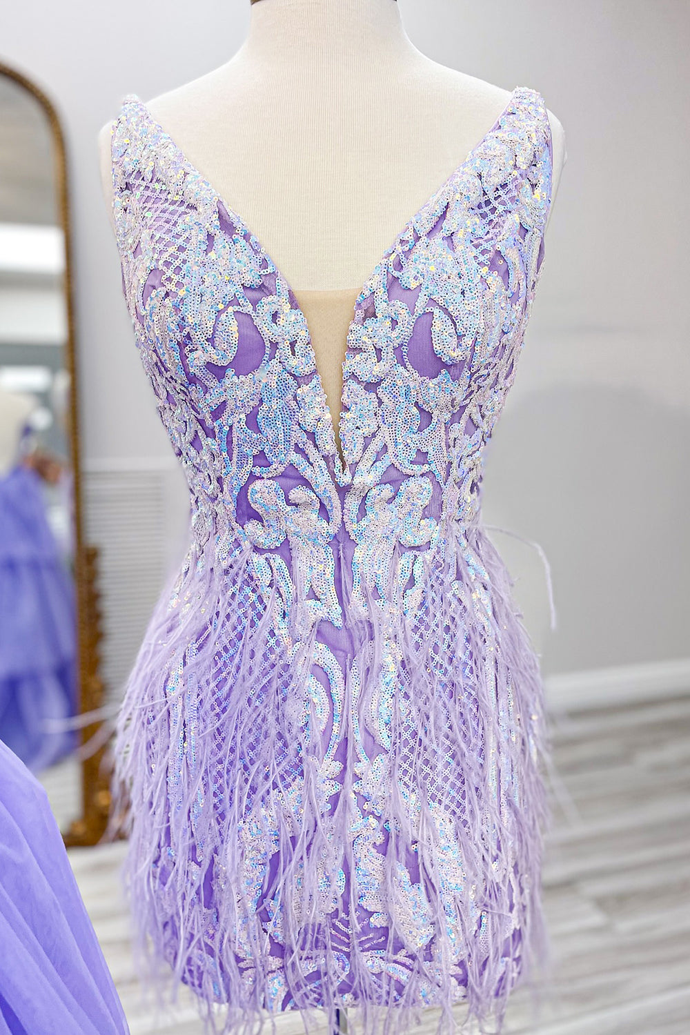 Blue Homecoming Dress Sequined Tight Short Cocktail Dresses with Feathers