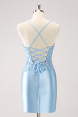 Blue Homecoming Dress Sequined Tight Short Prom Dress with Lace