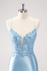 Blue Homecoming Dress Sequined Tight Short Prom Dress with Lace