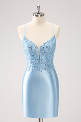 Blue Homecoming Dress Sequined Tight Short Prom Dress with Lace