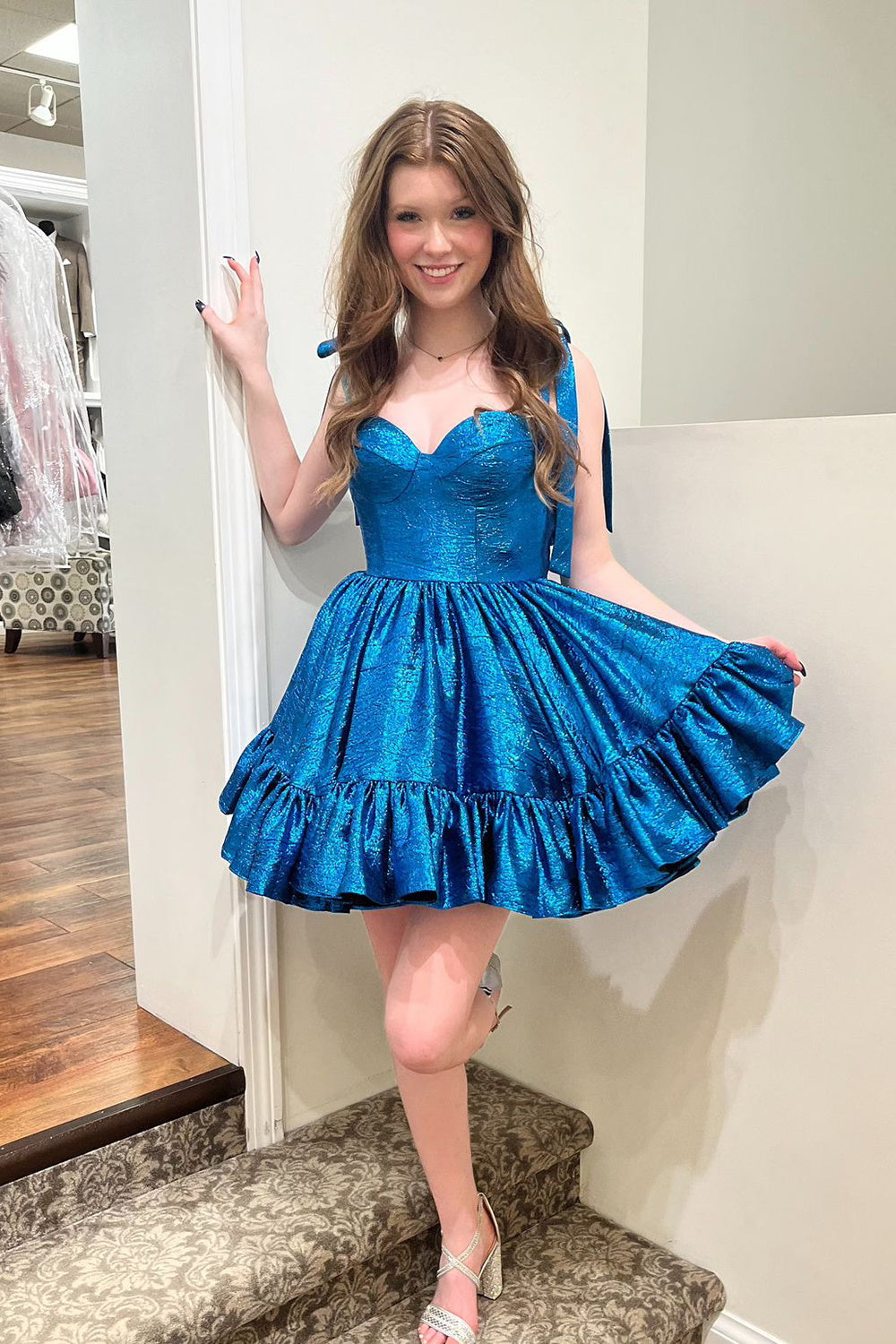 Blue Homecoming Dress Spaghetti Straps A Line Tiered Short Prom Dress with Bows