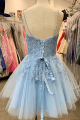 Blue Homecoming Dress Spaghetti Straps Prom Dress With Appliques