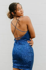 Blue Homecoming Dress Spaghetti Straps Sequin Prom Dress With Criss Cross Back
