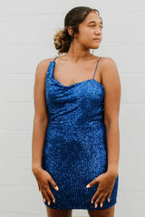 Blue Homecoming Dress Spaghetti Straps Sequin Prom Dress With Criss Cross Back