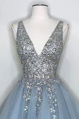 Blue Homecoming Dress V Neck Prom Dress With Beadings