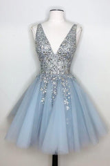 Blue Homecoming Dress V Neck Prom Dress With Beadings