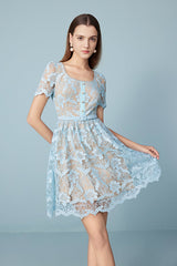 Blue Lace Scoop Neck Short Sleeve Casual Summer Dress