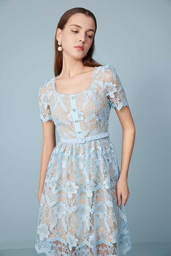 Blue Lace Scoop Neck Short Sleeve Casual Summer Dress