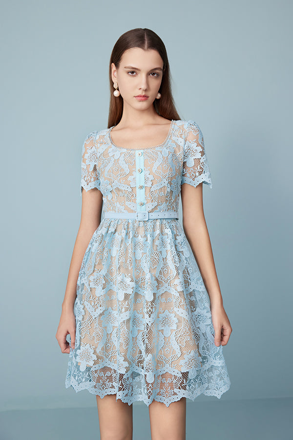 Blue Lace Scoop Neck Short Sleeve Casual Summer Dress