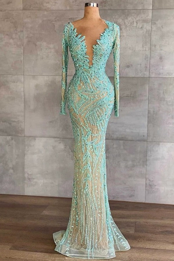 Blue Long Sleeve Mermaid Prom Dress Beaded Formal Dress
